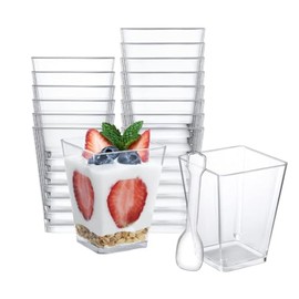 120 Pack 5 oz Plastic Dessert Cups with Spoons Disposable Mini Clear Square Parfait Cups for Yogurt, Ice Cream, Jello, Candy, Salad, Appetizers, Mousse,Snack, Charcuterie, Pudding, Party Serving