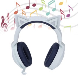 Cat Ear Wireless Headphone with Mic, Volume Control Cat Ear Bluetooth Headphone, LED Light Foldable Music Gaming Headset with 3.5mm Aux Cable & Speaker for Kids Adults (Blue)