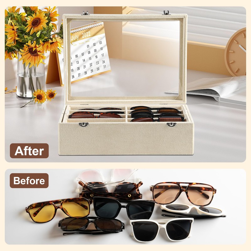 Frebeauty 16-Slot Sunglass Organizer Box,2 Layer Velvet Sunglasses Holder