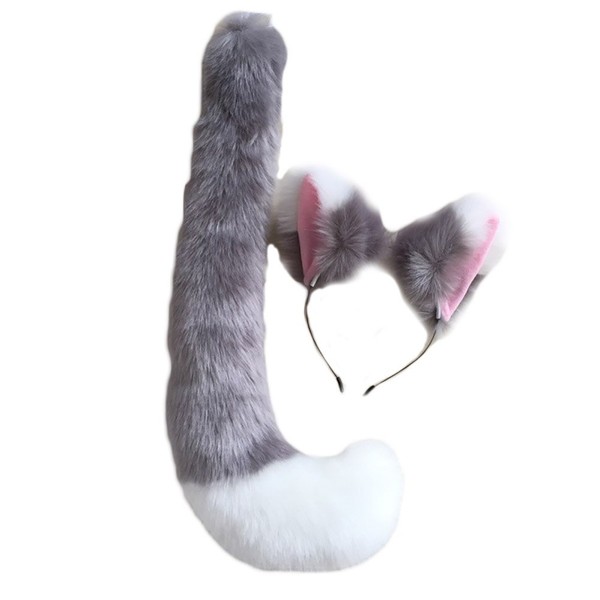 Song Qing Party Cosplay Costume Fox Ears Faux Fur Headband + Tail Set, A1 Grey White, Set of 2
