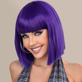 SUKRI Dark Purple Bob Wig with Bangs 12 Inch Short Straight Bob Wigs for Women,Shoulder Lenght Heat Resistant Synthetic Hair for Daily Party Cosplay Use