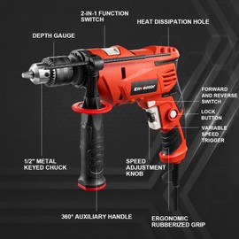 Enventor 7.5 Amp Hammer Drill, 1/2 Inch Electric Drill Hammer, 900W 0-3000RPM Variable Speed, 360° Auxiliary Handle, Lightweight Corded Hammer & Drill 2 in 1 Functions with 9pcs Bit for Metal, Wood