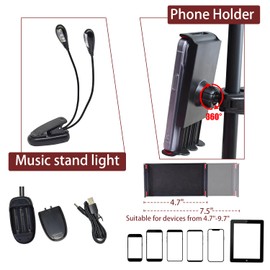 Sheet Music Stand with Light & Phone Holder, 57" Music Stand for Sheet Music High Stability, Height Adjustable Music Sheet Stand with Carrying Bag, Portable Music Book Holder (33-57inch)