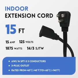 Zorky 15 ft Flat Plug Black Extension Cord，14/3 SPT-3 Heavy Duty Appliance Extension Cord-Extension Cable with 3 Prong Grounded Plug for Safety - for Appliance,Refrigerator, Space Heater