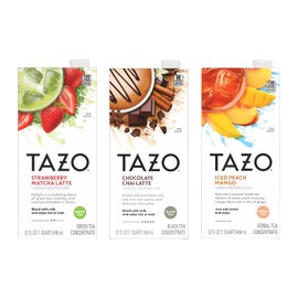 TAZO Tea Concentrate, Chocolate Chai Latte, Strawberry Matcha Latte, Iced Peach Mango 32 Fl Oz (1ea) (Variety Pack)