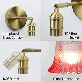 GEEZO Vintage Wall Sconces, Rechargeable Wall Lights with Remote Control Flower Glass Lampshade,180° Adjustable Brass Sconces with 15 Colors for Beside Bedroom Living Room Doorway (1 PCS)