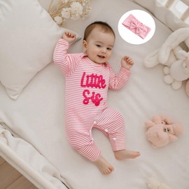 Little Sister Newborn Outfit Baby Girl Waffle Jumpsuit Infant Coming Home Onesie Cute Romper Fall Winter Clothes (A Little Sister Pink, 0-3 Months)