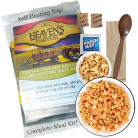 Heaven's Harvest Self-Heating Emergency Meal Kit (10 Year Shelf Life) — Tastier than MRE Meals & Ready-To-Eat in Minutes! Just add water to activate the “cooking” process. (Teriyaki Chicken) (Single)