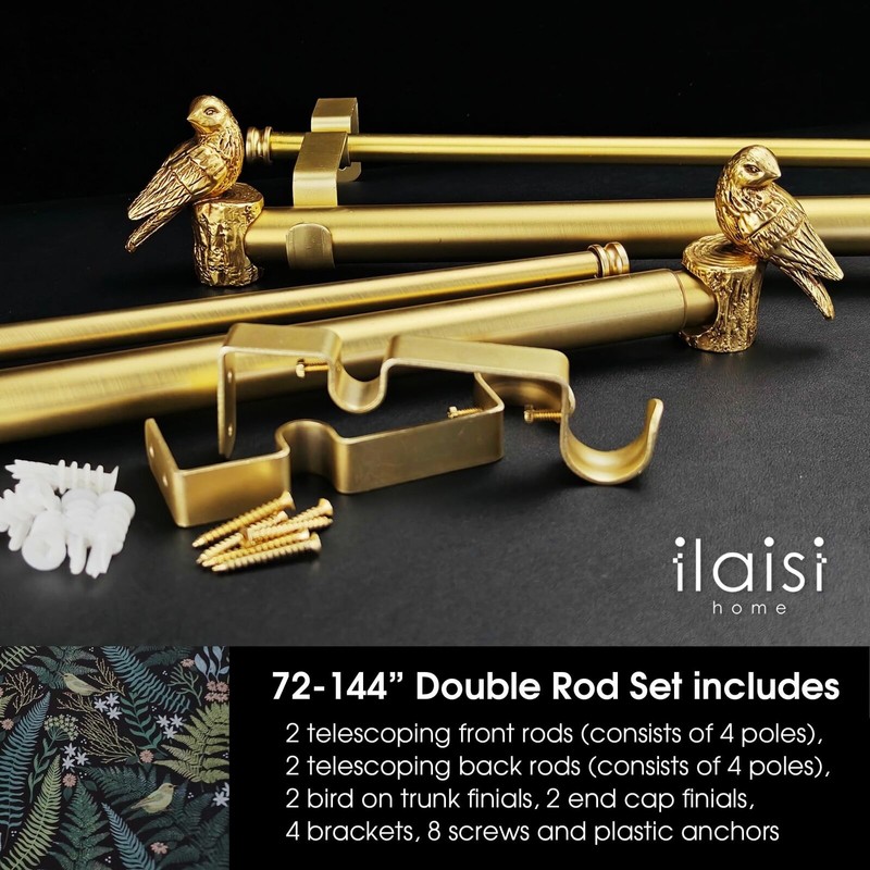 ILAISIHOME 1-1/8 Inch Diameter Brushed Gold Curtain Rod with Bird