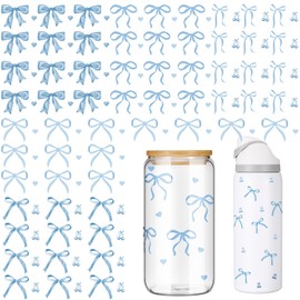 Frienda 5 Sheets Bow Stickers for Water Bottles，Hearts Coquette Sticker Sheet, Rub on Transfers for Waterbottle Crafts, Mini Bow Stickers for Tumbler Coquette Birthday Decorations(Blue)