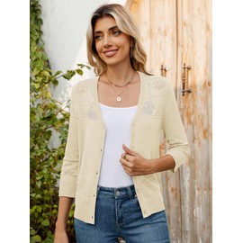 Bellcoco Women's 3/4 Sleeve Cardigan Lightweight Open Front Cropped Shrugs Hollow Out Knit Shrug Cardigan Button Sweaters Apricot,Medium