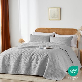 akkialla Full/Queen Size Quilt Bedding Set,Light Grey Lightweight Microfiber Soft Bedspread,Modern Style Geoetric Pattern Coverlet Set for All Seasons,3 Piece(1 Quilt,2 Pillow Shams)