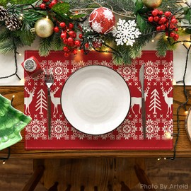 Artoid Mode Red Reindeers Christmas Placemats Set of 6, 30 x 45cm Seasonal Winter Merry Xmas Holiday Vintage Washable Table Mats