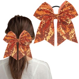 Orange Bow Hair Ties Thanksgiving Hair Bows Bands Fall Elastic Hair Ropes Orange Glitter Elastic Hair Tie Cheer Bows Hair Ponytail Holder for Girls School College Teens Senior Hair Accessories(01)