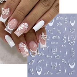 2Sheets Flower Nail Art Sticker Decals with Glitter Half Daisy Flowers French Line Nail Stickers Self-Adhesive Nail Supplies French Star Floral Nail Designs for Women Girls DIY Manicure Tip Decoration
