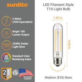 Sunlite 80610 LED Filament T10 Tubular Light Bulb, 2 Watts (25W Equivalent), 160 Lumens, E26 Base, Dimmable, 126mm, 1 Pack 2200K - Amber