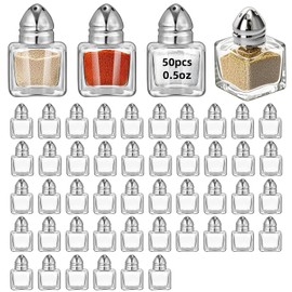 50 Pack Mini Salt and Pepper Shakers Bulk 0.5 Oz, Small Cube Glass Spice Shaker Container with Stainless Steel Lid for Kitchen Restaurant Travel Home Camp Party Supplies (Silver)