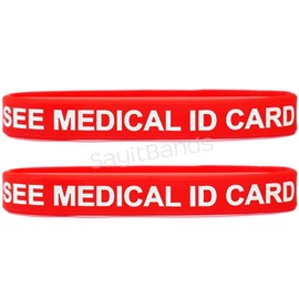 SayitBands 2 (two) SEE MEDICAL ID CARD Wristbands - Red Medical Alert Silicone Bracelets
