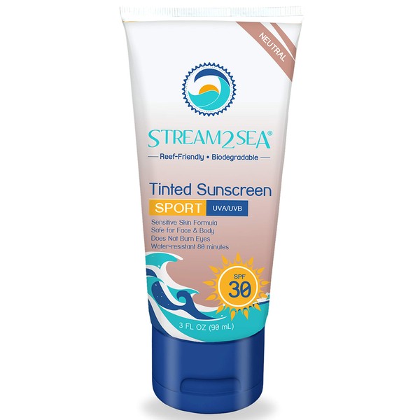 Stream2Sea SPF 30 Reef Safe Sport Tinted Sunscreen, Natural, Water Resistant, Biodegradable, Coral and Ocean Friendly Mineral Sunblock, Neutral Color, UVA UVB, 3 ounces