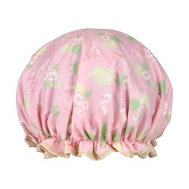 1 Pack Shower Cap for Women, Oil-proof Caps, Double Layers Waterproof Reusable Bath Caps With Ruffled Edge Covering for Girls, Women, Ladies, Kids (Pink Flamingo)