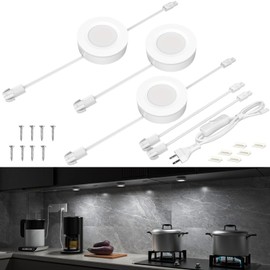 WOBANE Hardwired Under Cabinet Lights,Linkable LED Puck Lights with Switch,DIY Under Counter Lighting for Kitchen,Showcase,Bookcase,Recessed&Wall Plug in,White 6000K,120V,Set of 3