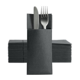Aroba 50 Soft Point Cutlery Napkins, Soft Material, Volume and Structure, Ready Folded Napkins with Slot, 32 x 38 cm, 1/8 Fold Cutlery Bag, Good Quality, Black
