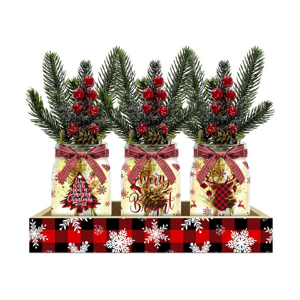 3 Pack Christmas Centerpieces for Tables - Glass Bottles with Lights for Christmas Decorations Indoor- Decorative Bottles for Christmas Table and Room Decor, Centerpiece Table Decorations