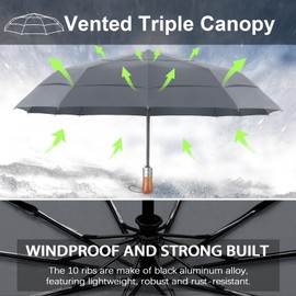 Umbrellas For Rain Windproof - Triple Canopy Large Golf Umbrella, Automatic Open & Close Compact Umbrellas - Portable Umbrellas for BackPack Car with 10 Strong Reinforced Fiberglass Ribs