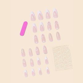 24Pcs Valentines Day Press on Nails Medium Almond Fake Nails Love Heart Sparkling Glitter with Rhinestones Charms Design Glue on Nails White French Tip False Nails for Women Acrylic Nails Decorations