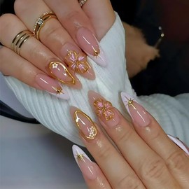 Gold Flower Press on Nails Almond Medium NEWSPIED Fake Nails French Tips Nails Press on Acrylic False Nails with Chrome Gold Line Star Designs Glossy Pink Glue on Nails for Women DIY Manicure 24Pcs