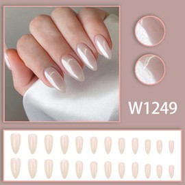 White Press on Nails Shiny Glitter Design Medium Almond Fake Nails Bling False Nails for Women Girls Daily Wear Manicure 24pcs
