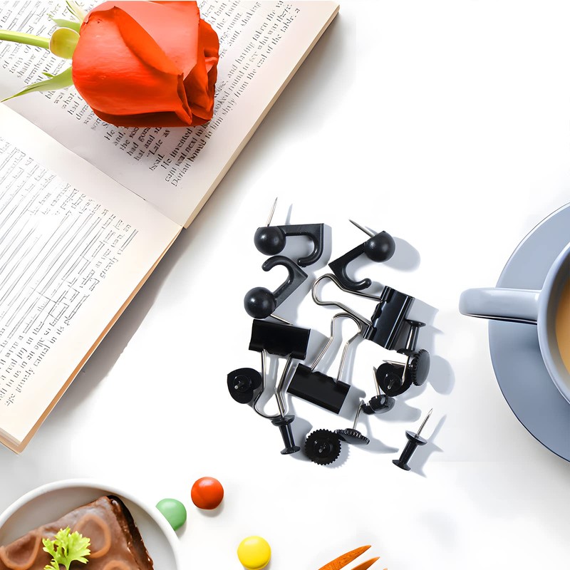 VAPKER Black Push Pins Set 200Pcs,Binder Clips,Hook Pushpin,Gear Marking Thumtacks,Heart