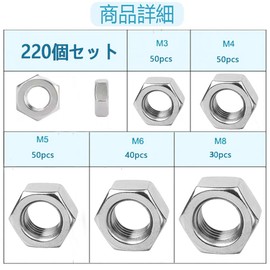 YFFSFDC Stainless Steel Hex Nuts 304 Stainless Steel M3 M4 M5 M6 M8 Set of 220 with Storage Case for Cars, Furniture, Machinery, Repair Parts