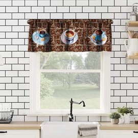 JanJCurt Retro Coffee Window Valance, Brown Background White Blue Tea Set Spoon Watercolor Coffee Cups Print Blackout Short Curtain for Cafe Kitchen Decor, 54x18in