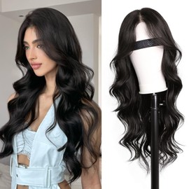 XIXISNOW 27.5'' Long Black Wavy Wig 13 x 4 T Part Lace Hand-Tied Hairline Hair Synthetic Wig Heat Resistant Womens Wigs with Adjustable Breathable Net Realistic Natural Looking Wigs for Black Women