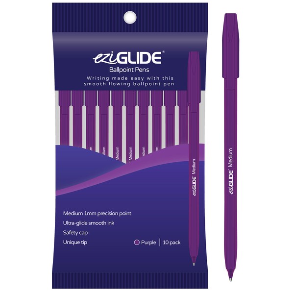 Eziglide Ballpoint Purple Pen, Pack of 10 Ballpoint Pens, Smooth