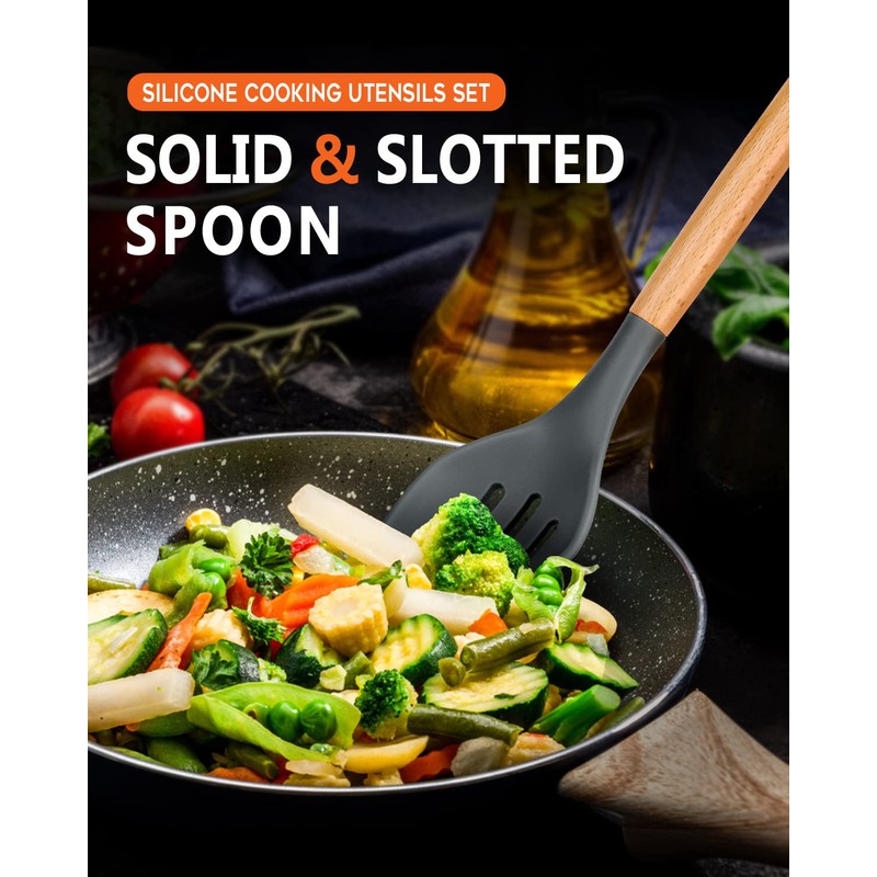 Large Silicone Cooking Spoons, 2 Pack Nonstick Solid and Slotted