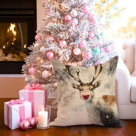 PreLiving Christmas Reindeer Pillow Cover 18x18 – Cute Red-Nosed Deer Throw Pillow – Festive Winter Cushion for Holiday Farmhouse or Rustic Cabin Decor