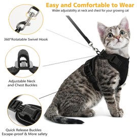 PAWCHIE Cat Harness and Leash Set for Walking,Escape Proof Safe Adjustable Kitten Vest Harnesses,Easy Control Soft Breathable Mesh Jacket with Reflective Strips for Cats,Black,XS (S)