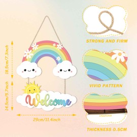 LHIUEM Welcome Classroom Door Decor,Sun Cloudy Smiles Plaque Set of 2(5”X11”) Pastel Rainbow Teacher Door Hanger,Boho Classroom Decorations for Teachers,Welcome Rainbow Wood Decor for Bedroom Nursery