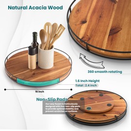 TIDITA 16" Acacia Wood Lazy Susan Turntable with Metal Frame - Large Lazy Susans Organizer Countertop Storage - Wooden Serving Tray for Charcuterie Cheese Board - Kitchen Counter Rotating