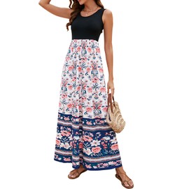 Sherosa Women Boho Chevron Striped Floral Printed Summer Sleeveless Tank Long Maxi Party Dress (L, # White Floral)