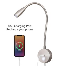 EVETHBEY LED Bedside Touch Dimmable Wall Mounted Reading Light - Night Light With USB Flexible Gooseneck - Brushed Nickel