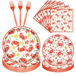 Gameza Crab Boil Party Tableware Supplies, 96PCS Seafood Crab Paper Plate Napkin Fork Party Decorations, Summer Disposable Dinnerware Set Serves 24