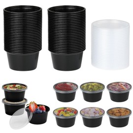 Jogoico 50Pcs Round Food Containers with Lids- 100ml (4oz) Plastic Sauce Pots Small Deli Pots, Meal Prep Takeaway Containers, Reusable Portion Cups for Sauce, Dips, Salad, Restaurants, Delivery