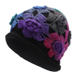 ZLYC Women Winter Knit Beanie Hat Soft Crochet Skullies Beanies with Flower Accent, Colorful Flower Black