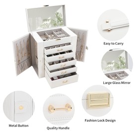 V-LAFUY Large Jewelry Box, Jewelry Boxes for Women Large Jewelry Organizers and Storage, Women Large Jewelry Box with Mirror, White