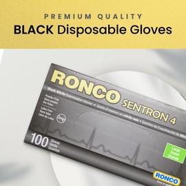 Black Disposable Nitrile Gloves, L, Heavy Duty, Powder-Free, Industrial Grade, 4 MIL Thickness, Texture, Ronco Sentron4 (Large) 100 Gloves