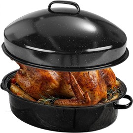 19.3" Large Roasting Pan with Rack and Lid, Granite Enameled Roaster Pan