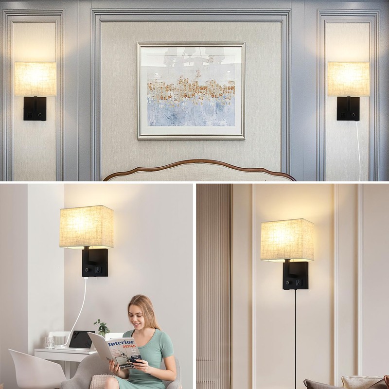 wkeessee Bedside Wall Mount Light with Outlet and Dimmable Switch,